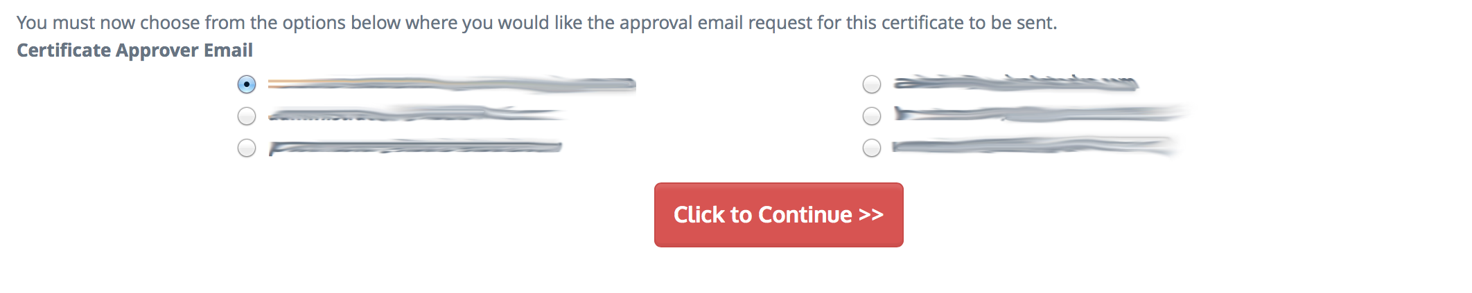 Choosing an admin email to approve the certificate