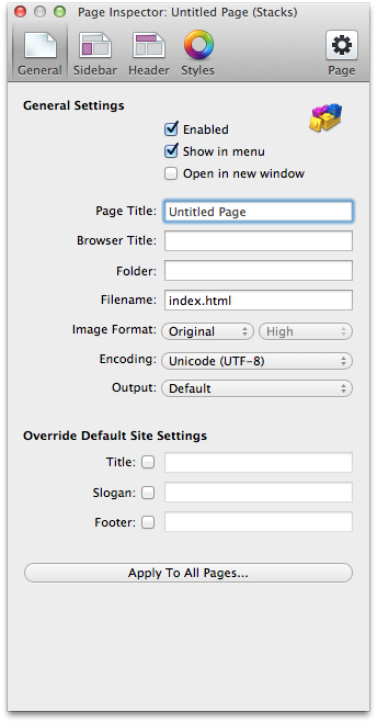 RapidWeaver Page Inspector highlighting the filename field.