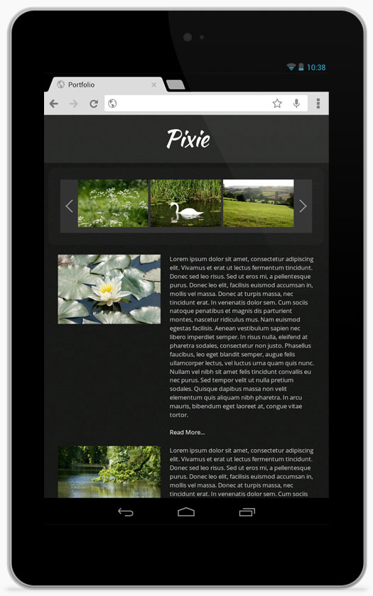 Pixie, a new RapidWeaver theme from themeflood.com, scaled for Android devices.